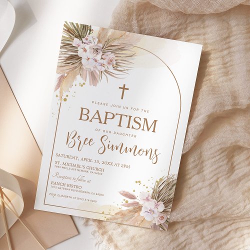 Boho Pampas Grass Baptism Christening Invitation