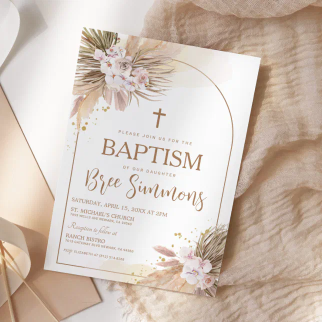 Boho Pampas Grass Baptism Christening Invitation | Zazzle