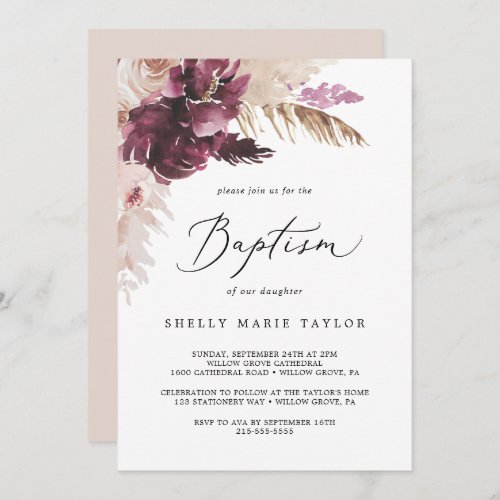 Boho Pampas Grass Baptism Invitation