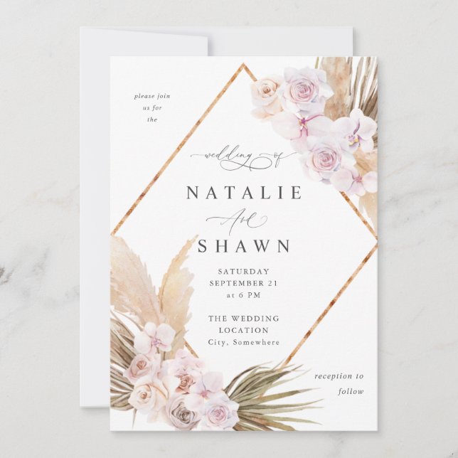 Boho Pampas Grass Beach Floral Wedding 2 Gold Invitation (Front)
