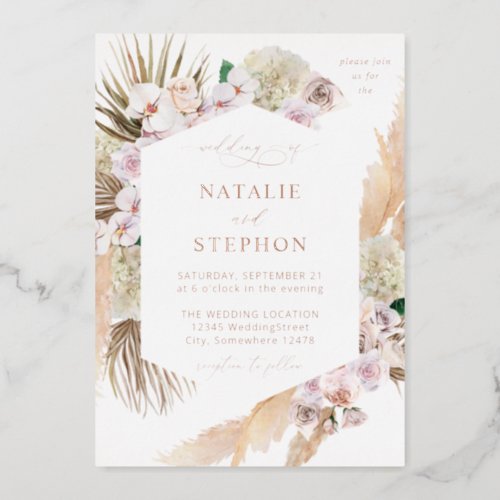 Boho Pampas Grass Beach Floral Wedding Foil Invitation