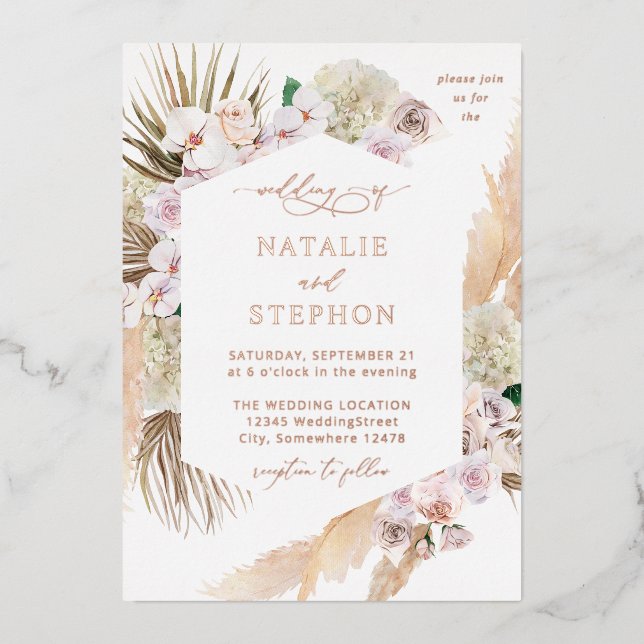 Boho Pampas Grass Beach Floral Wedding Foil Invitation (Front)