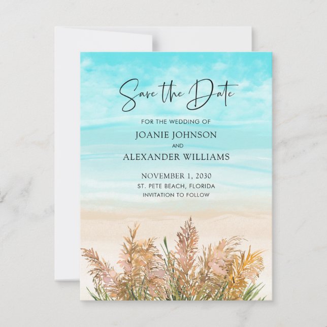 Boho Pampas Grass Beach Scene Wedding Save The Date (Front)