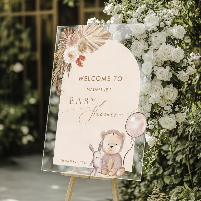 Boho Pampas Grass Bear Balloon Baby Shower Acrylic Sign (Creator Uploaded)