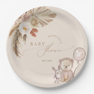 Boho Pampas Grass Bear Balloon Baby Shower Paper Plates