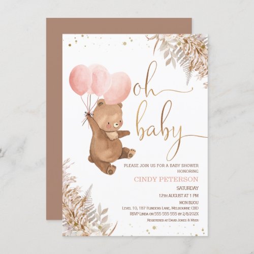 Boho Pampas Grass Bear Oh Baby Shower Invitation