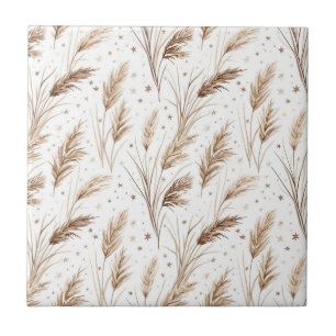 Boho Pampas Grass Beige Brown Star Pattern (1) Ceramic Tile