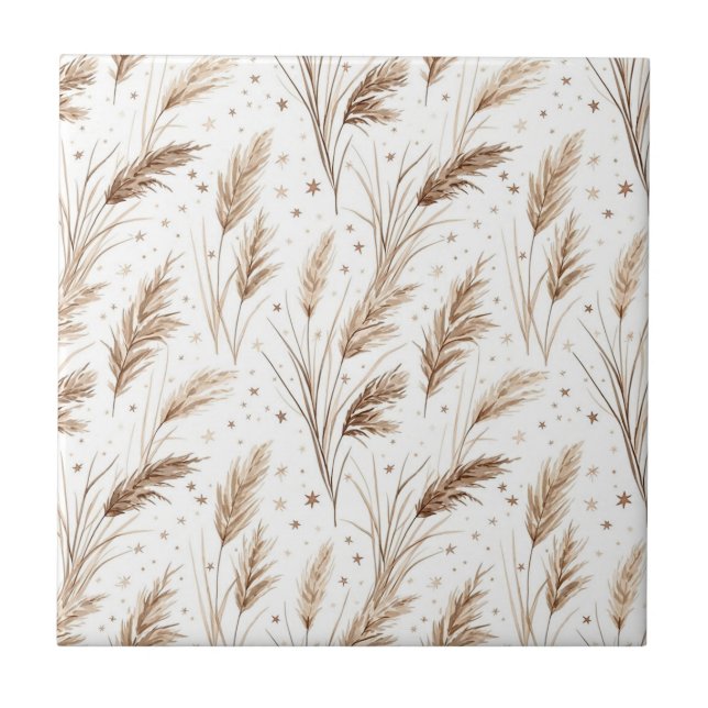 Boho Pampas Grass Beige Brown Star Pattern (1) Ceramic Tile (Front)