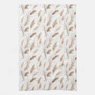 Boho Pampas Grass Beige Brown Star Pattern (1) Kitchen Towel