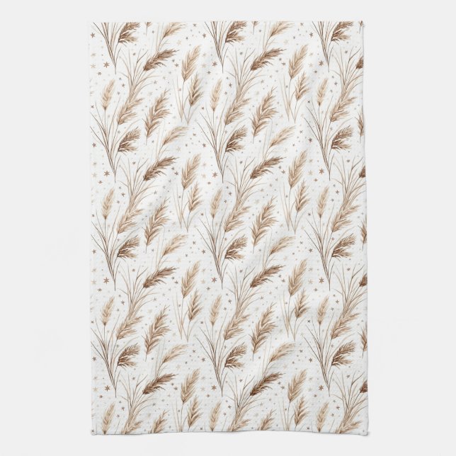 Boho Pampas Grass Beige Brown Star Pattern (1) Kitchen Towel (Vertical)