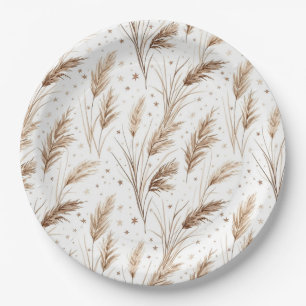 Boho Pampas Grass Beige Brown Star Pattern (1) Paper Plates