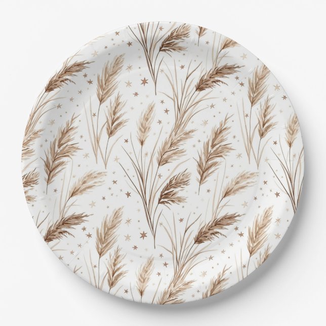 Boho Pampas Grass Beige Brown Star Pattern (1) Paper Plates (Front)