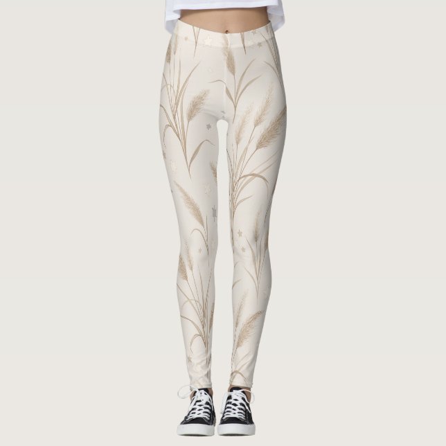 Boho Pampas Grass Beige Brown Star Pattern (2) Leggings (Front)