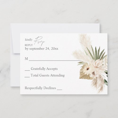 Boho Pampas Grass  Beige Floral no Meal  RSVP Card