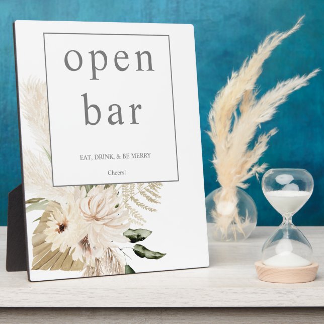  Boho Pampas Grass & Beige Floral Open Bar Sign 1 Plaque (Side)