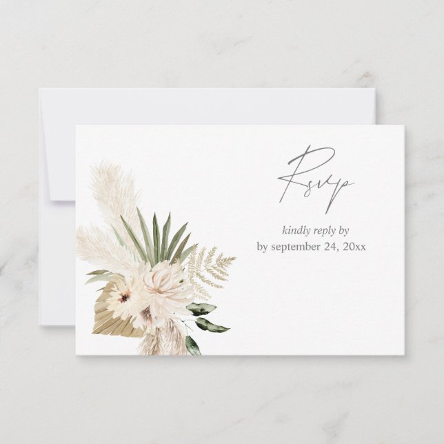 Boho Pampas Grass & Beige Floral with Meal RSVP Ca Card (Front)