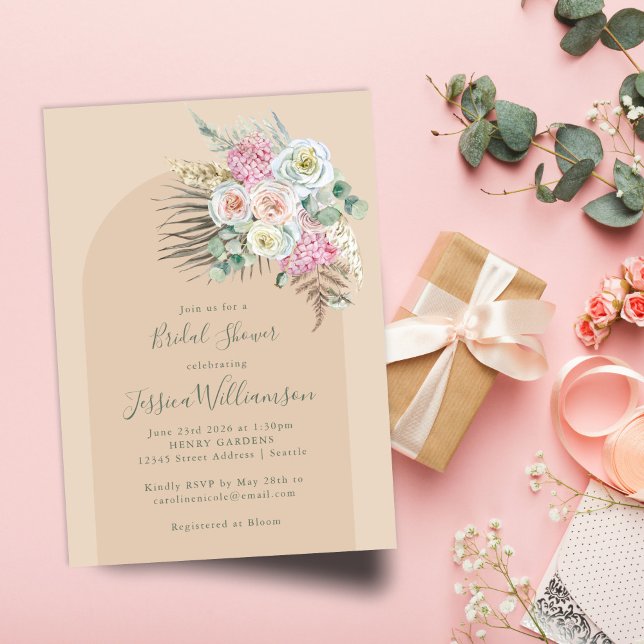 Boho Pampas Grass Beige Flowers Arch Bridal Shower Invitation (Creator Uploaded)