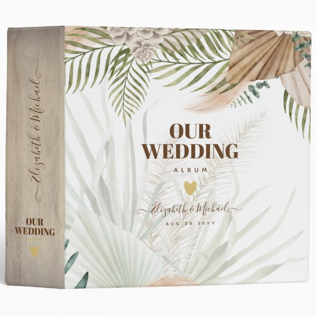 BOHO Pampas Grass Beige Green Terracotta Wedding 3 Ring Binder (Front/Spine)