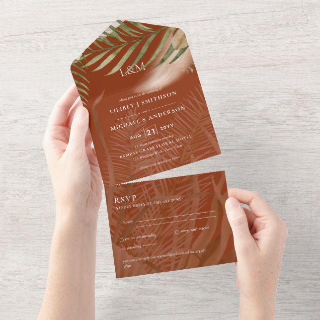 BOHO Pampas Grass Beige Green Terracotta Wedding All In One Invitation (Tearaway)