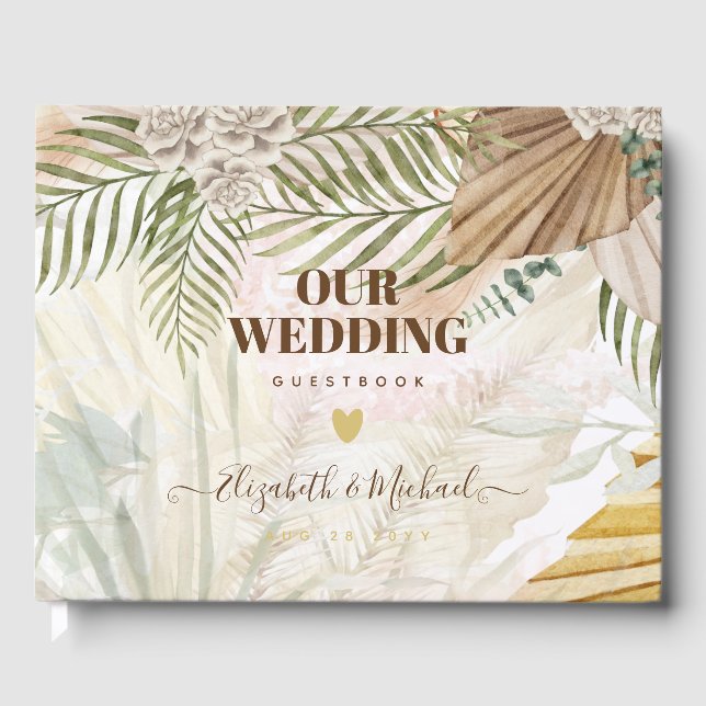 BOHO Pampas Grass Beige Green Terracotta Wedding Guest Book (Front)