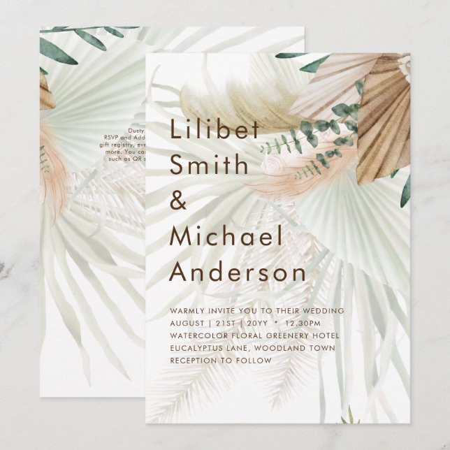BOHO Pampas Grass Beige Green Terracotta Wedding Invitation (Front/Back)