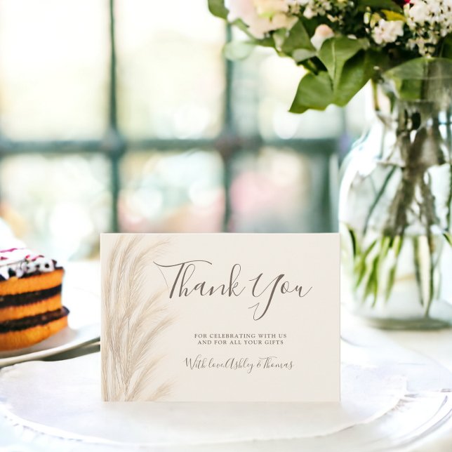 Boho pampas grass beige thank you baby shower card (Boho pampas grass beige thank you baby shower)