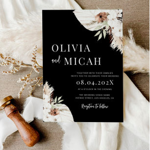 Boho pampas grass black wedding invitation