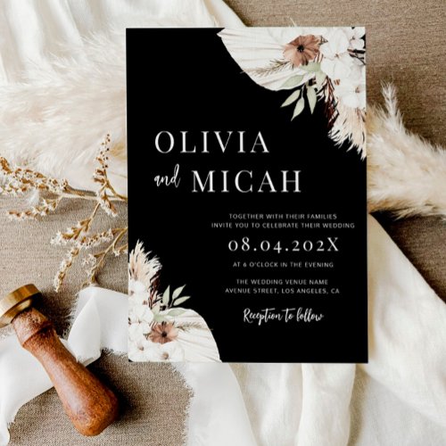 Boho pampas grass black wedding invitation