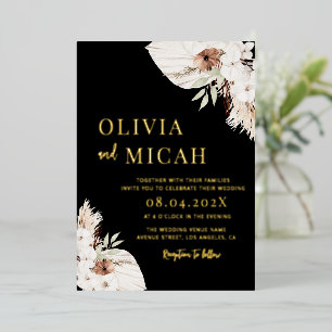 Boho pampas grass black wedding invitation gold foil invitation