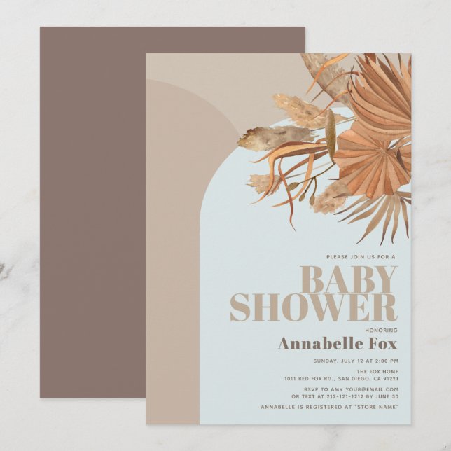 Boho Pampas Grass Blue Baby Shower Invitation (Front/Back)