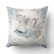 Boho Pampas Grass Blue Floral Rocking Horse Throw Pillow
