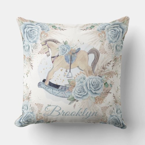 Boho Pampas Grass Blue Floral Rocking Horse Throw Pillow