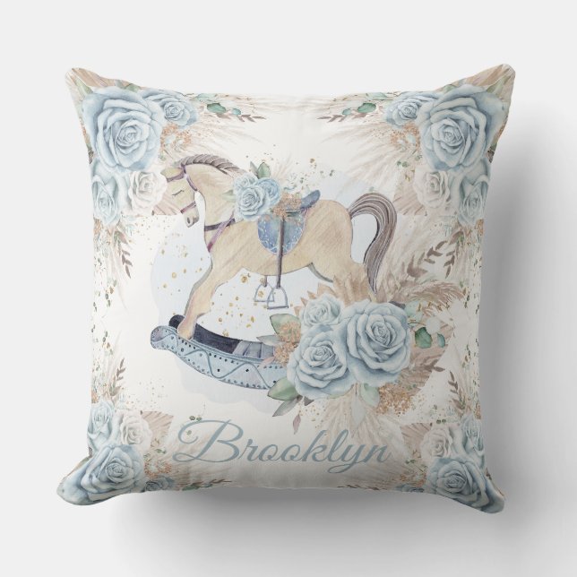 Boho Pampas Grass Blue Floral Rocking Horse Throw Pillow (Front)