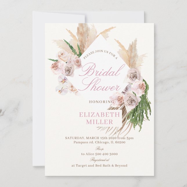 Boho Pampas Grass Blush Floral Invitation (Front)