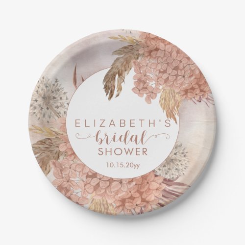 Boho Pampas Grass  Blush Hydrangeas Bridal Shower Paper Plates