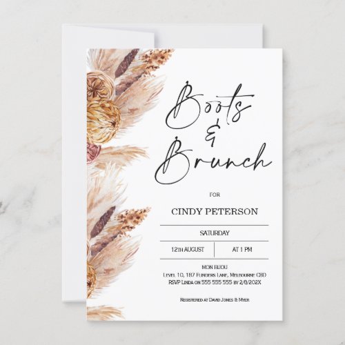 Boho Pampas Grass Boots Brunch Bridal Shower Invitation