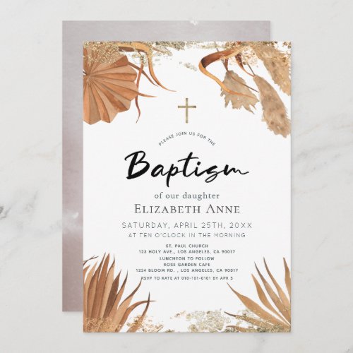 Boho Pampas Grass Botanical Baptism Invitation