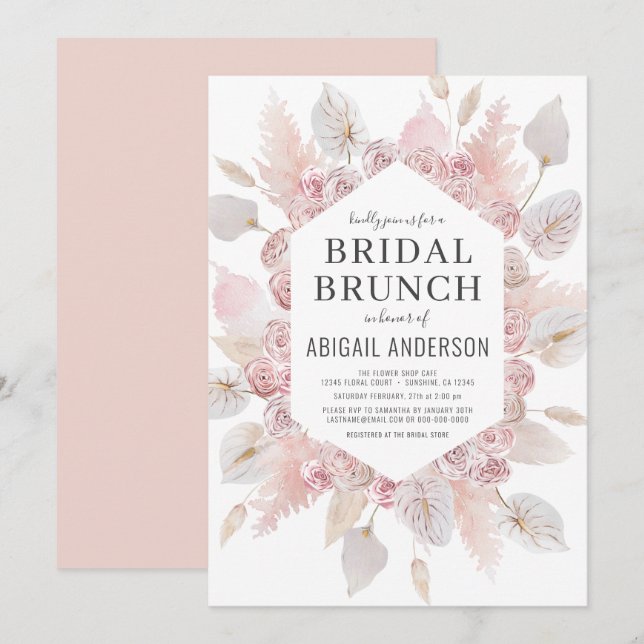 Boho Pampas Grass Bridal Brunch Elegant Invitation (Front/Back)