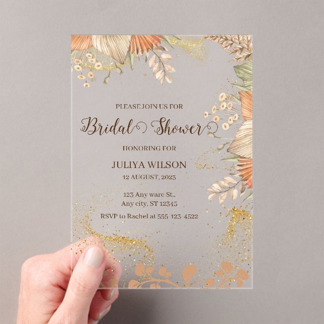 Boho pampas grass bridal shower  acrylic invitations (Insitu (Handheld))