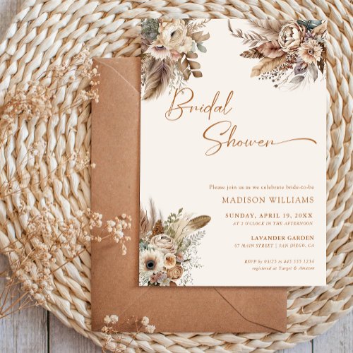 Boho Pampas Grass Bridal Shower Beige Floral Invitation