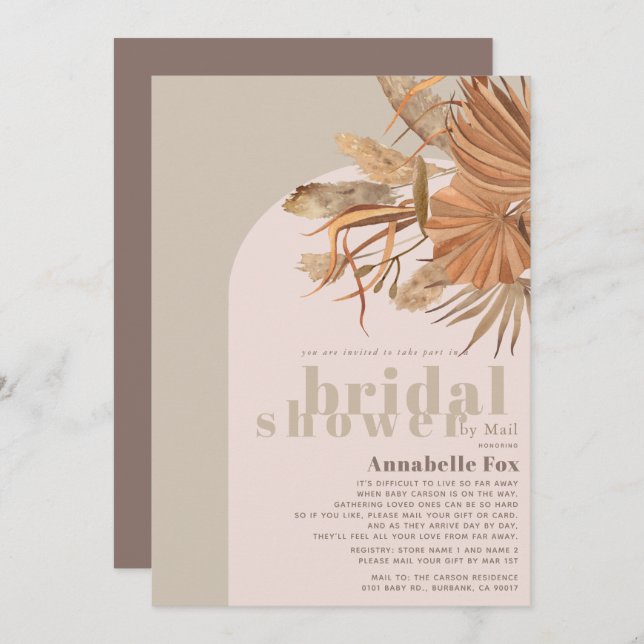 Boho Pampas Grass Bridal Shower by Mail Invitation (Front/Back)