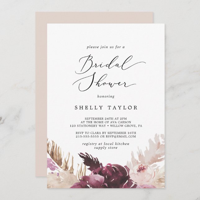 Boho Pampas Grass Bridal Shower Invitation (Front/Back)