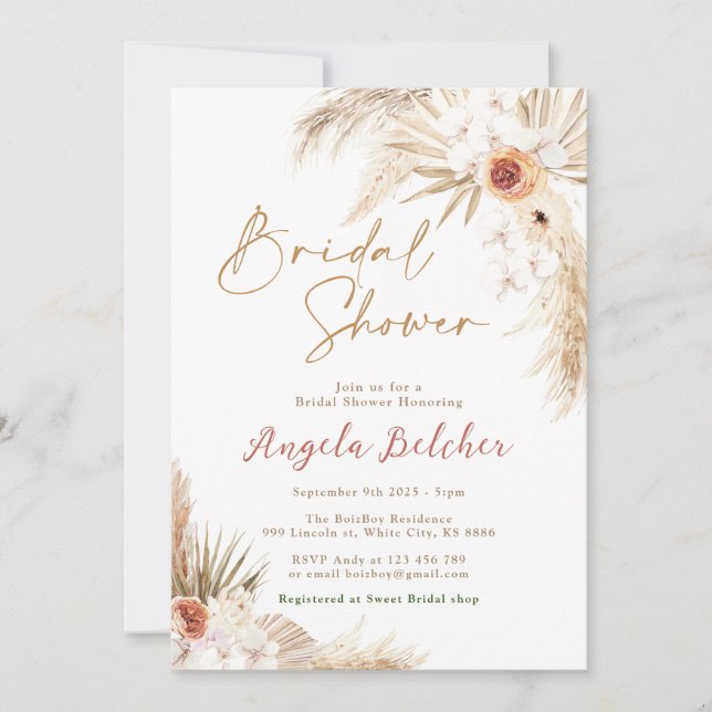 Boho pampas Grass Bridal Shower Invitation (Front)