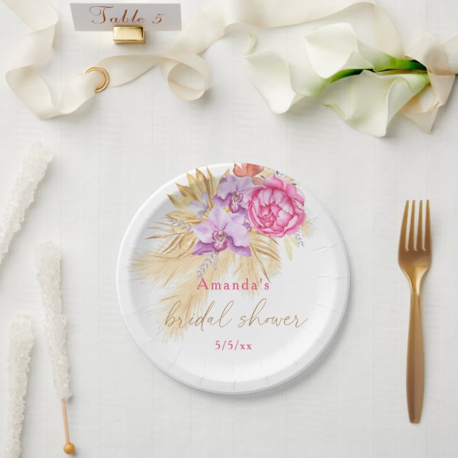 Boho pampas grass - Bridal shower  Paper Plates (Wedding)