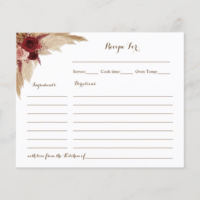 Boho Pampas Grass Bridal Shower Recipe Card (Front)