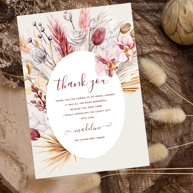 Boho Pampas Grass Bridal Shower Thank You Card | Zazzle