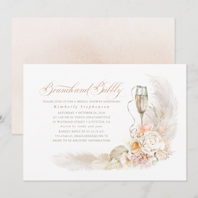 Boho Pampas Grass Brunch and Bubbly Bridal Shower Invitation (Front/Back)