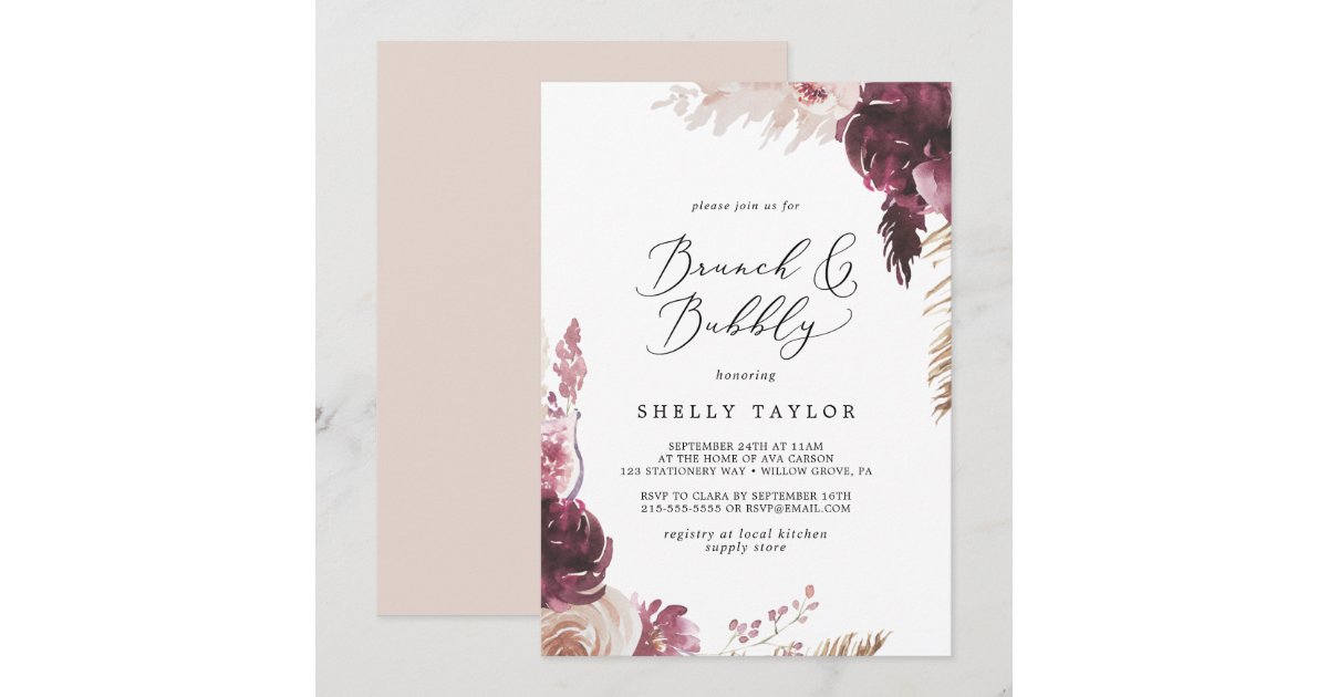 Boho Pampas Grass Brunch and Bubbly Bridal Shower Invitation | Zazzle