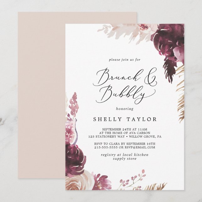 Boho Pampas Grass Brunch and Bubbly Bridal Shower Invitation (Front/Back)