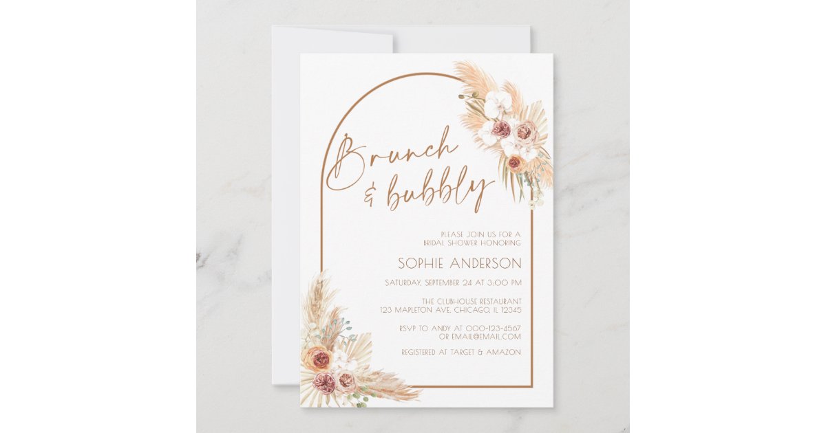 Boho Pampas Grass Brunch & Bubbly Bridal Shower Invitation | Zazzle